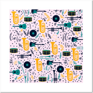 Cute Music Instruments Pattern with trumpets, guitars and drums Posters and Art